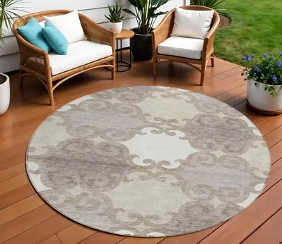8' Taupe Beige And Gray Round Trellis Washable Indoor Outdoor Area Rug