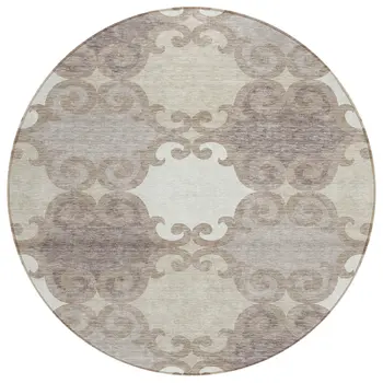 8' Taupe Beige And Gray Round Trellis Washable Indoor Outdoor Area Rug