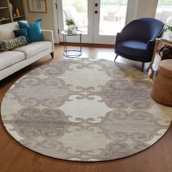 8' Taupe Beige And Gray Round Trellis Washable Indoor Outdoor Area Rug