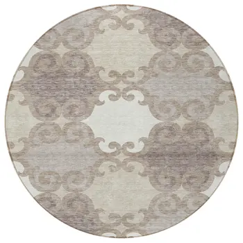 8' Taupe Beige And Gray Round Trellis Washable Indoor Outdoor Area Rug