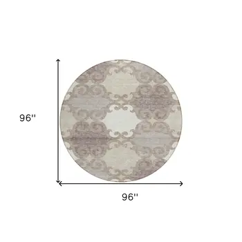 8' Taupe Beige And Gray Round Trellis Washable Indoor Outdoor Area Rug