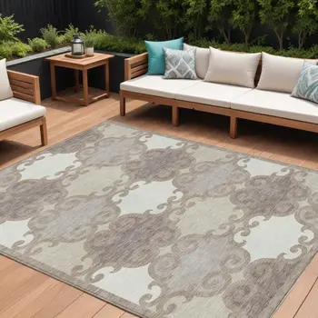 8' X 10' Taupe Beige And Gray Trellis Washable Indoor Outdoor Area Rug