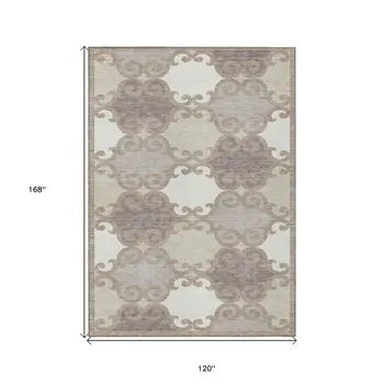 10' X 14' Taupe Beige And Gray Trellis Washable Indoor Outdoor Area Rug
