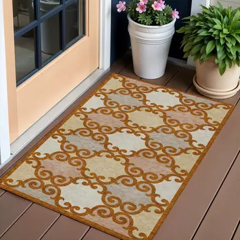 3' X 5' Terra Cotta Beige And Gray Trellis Washable Indoor Outdoor Area Rug