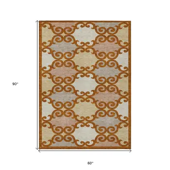 5' X 8' Terra Cotta Beige And Gray Trellis Washable Indoor Outdoor Area Rug