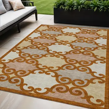 5' X 8' Terra Cotta Beige And Gray Trellis Washable Indoor Outdoor Area Rug