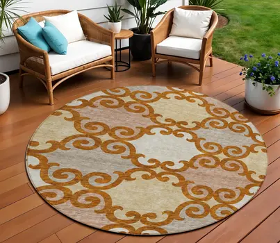 8' Terra Cotta Beige And Gray Round Trellis Washable Indoor Outdoor Area Rug