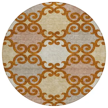 8' Terra Cotta Beige And Gray Round Trellis Washable Indoor Outdoor Area Rug