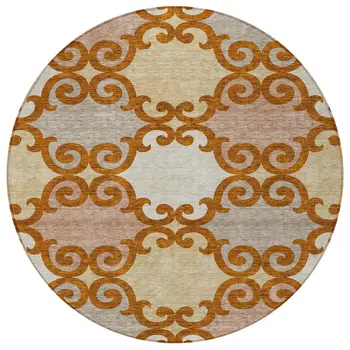 8' Terra Cotta Beige And Gray Round Trellis Washable Indoor Outdoor Area Rug