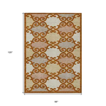 8' X 10' Terra Cotta Beige And Gray Trellis Washable Indoor Outdoor Area Rug