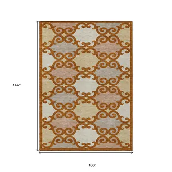 9' X 12' Terra Cotta Beige And Gray Trellis Washable Indoor Outdoor Area Rug