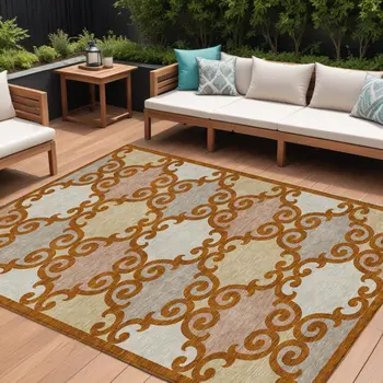 10' X 14' Terra Cotta Beige And Gray Trellis Washable Indoor Outdoor Area Rug
