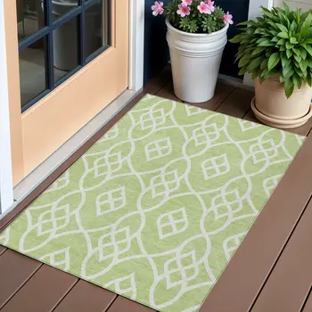 3' X 5' Artichoke Green And Ivory Trellis Washable Indoor Outdoor Area Rug