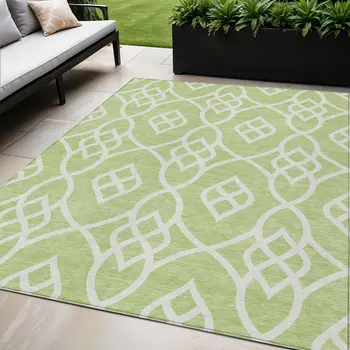 5' X 8' Artichoke Green And Ivory Trellis Washable Indoor Outdoor Area Rug