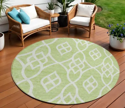 8' Artichoke Green And Ivory Round Trellis Washable Indoor Outdoor Area Rug