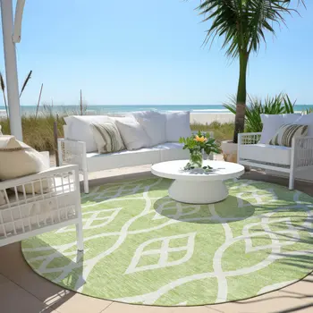 8' Artichoke Green And Ivory Round Trellis Washable Indoor Outdoor Area Rug