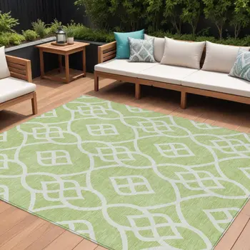 9' X 12' Artichoke Green And Ivory Trellis Washable Indoor Outdoor Area Rug