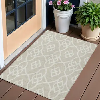 3' X 5' Beige And Ivory Trellis Washable Indoor Outdoor Area Rug
