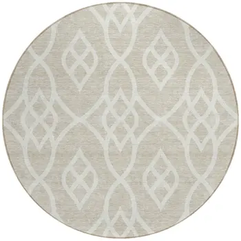 8' Beige And Ivory Round Trellis Washable Indoor Outdoor Area Rug