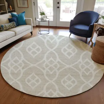 8' Beige And Ivory Round Trellis Washable Indoor Outdoor Area Rug