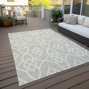8' X 10' Beige And Ivory Trellis Washable Indoor Outdoor Area Rug