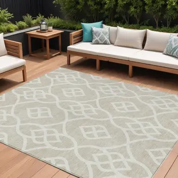 10' X 14' Beige And Ivory Trellis Washable Indoor Outdoor Area Rug