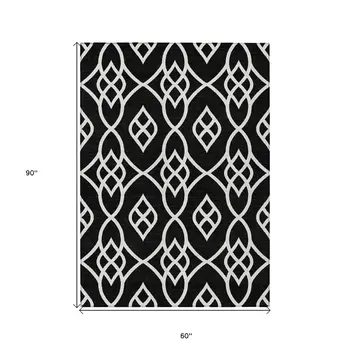 5' X 8' Black And Ivory Trellis Washable Indoor Outdoor Area Rug
