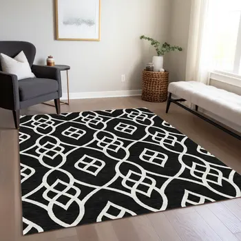 5' X 8' Black And Ivory Trellis Washable Indoor Outdoor Area Rug