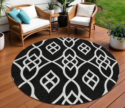 8' Black And Ivory Round Trellis Washable Indoor Outdoor Area Rug