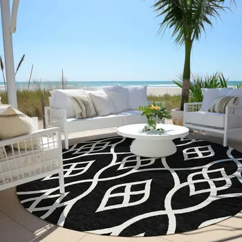 8' Black And Ivory Round Trellis Washable Indoor Outdoor Area Rug