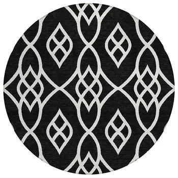 8' Black And Ivory Round Trellis Washable Indoor Outdoor Area Rug