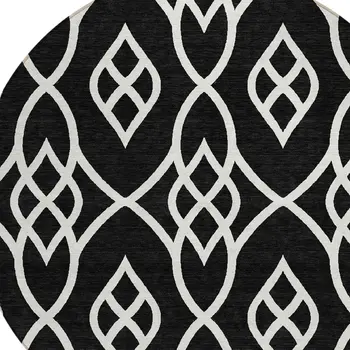 8' Black And Ivory Round Trellis Washable Indoor Outdoor Area Rug