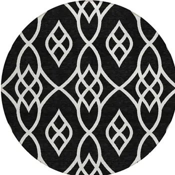 8' Black And Ivory Round Trellis Washable Indoor Outdoor Area Rug