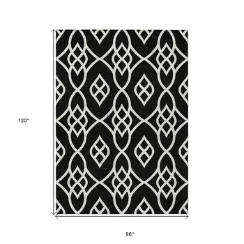 8' X 10' Black And Ivory Trellis Washable Indoor Outdoor Area Rug