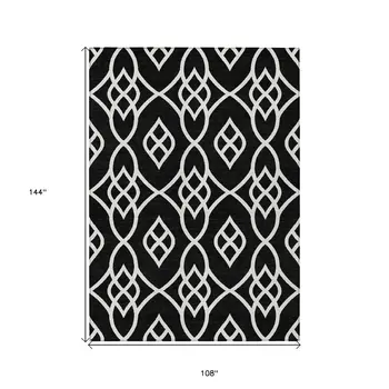 9' X 12' Black And Ivory Trellis Washable Indoor Outdoor Area Rug