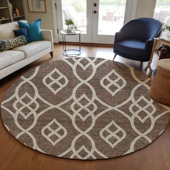 8' Chocolate And Ivory Round Trellis Washable Indoor Outdoor Area Rug