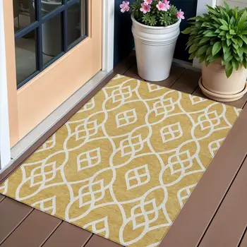 3' X 5' Gold And Ivory Trellis Washable Indoor Outdoor Area Rug