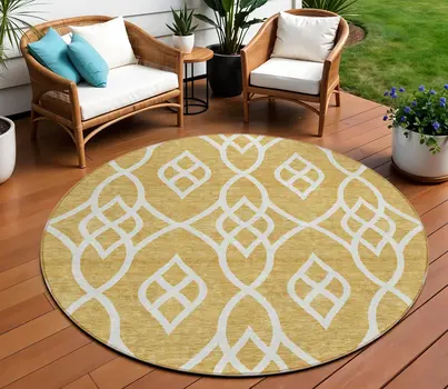 8' Gold And Ivory Round Trellis Washable Indoor Outdoor Area Rug