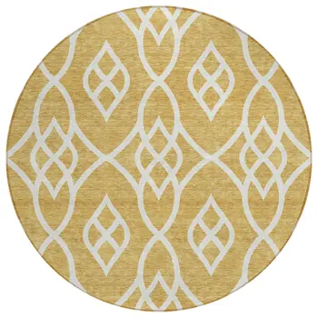 8' Gold And Ivory Round Trellis Washable Indoor Outdoor Area Rug