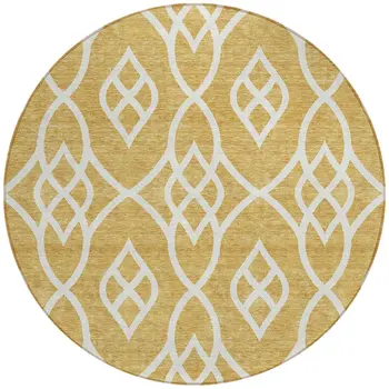 8' Gold And Ivory Round Trellis Washable Indoor Outdoor Area Rug