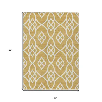 9' X 12' Gold And Ivory Trellis Washable Indoor Outdoor Area Rug