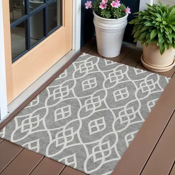 3' X 5' Gray And Ivory Trellis Washable Indoor Outdoor Area Rug