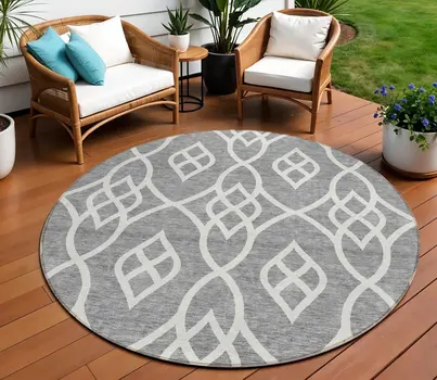 8' Gray And Ivory Round Trellis Washable Indoor Outdoor Area Rug