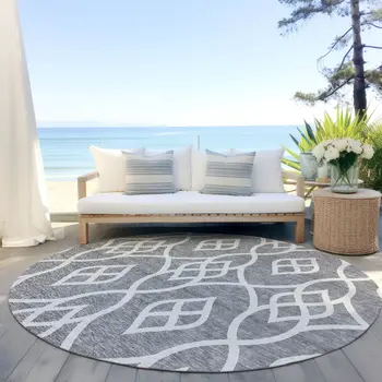 8' Gray And Ivory Round Trellis Washable Indoor Outdoor Area Rug