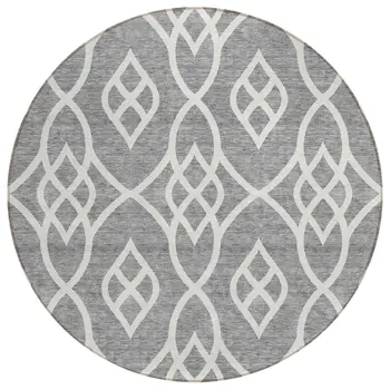 8' Gray And Ivory Round Trellis Washable Indoor Outdoor Area Rug