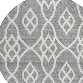 8' Gray And Ivory Round Trellis Washable Indoor Outdoor Area Rug
