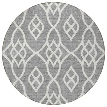 8' Gray And Ivory Round Trellis Washable Indoor Outdoor Area Rug