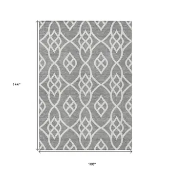 9' X 12' Gray And Ivory Trellis Washable Indoor Outdoor Area Rug