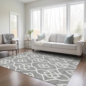 9' X 12' Gray And Ivory Trellis Washable Indoor Outdoor Area Rug