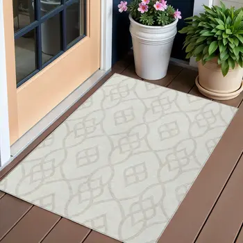 3' X 5' Ivory And Gray Trellis Washable Indoor Outdoor Area Rug
